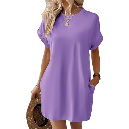 aromm Damen Sommerkleid Lässig Tshirt Kurzarm Strand Cover Ups mit Taschen, Violett, L von aromm
