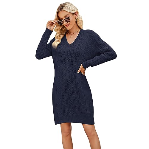 aromm Damen Strickkleid Stretch V-Ausschnitt Langarm Midi Pullover Kleider Marine, M von aromm