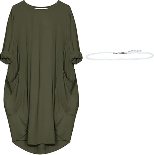aromm Damen T Shirts Rundhalsausschnitt Kleid Lose Einfach Lässig Übergröße Midi Longshirt mit Taschen Armee Grün,M von aromm