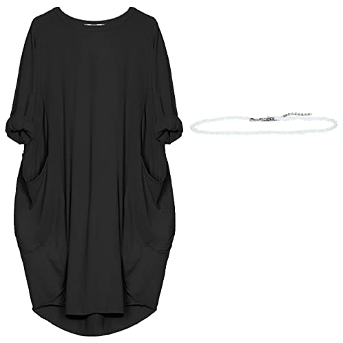 aromm Damen T Shirts Rundhalsausschnitt Kleid Lose Einfach Lässig Übergröße Midi Longshirt mit Taschen Schwarz,3XL von aromm