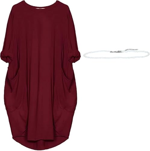 aromm Damen T Shirts Rundhalsausschnitt Kleid Lose Einfach Lässig Übergröße Midi Longshirt mit Taschen Weinrot,XXL von aromm