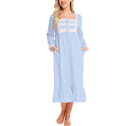 aromm Damen Weich Nachthemd Knopfleiste Viktorianisch Lange Ärmel Stillen Pyjama Blau, XL von aromm
