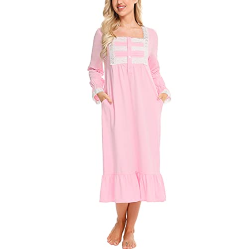 aromm Damen Weich Nachthemd Knopfleiste Viktorianisch Lange Ärmel Stillen Pyjama Rosa, L von aromm