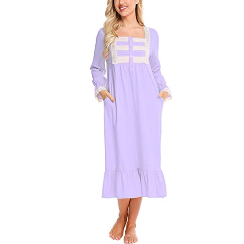 aromm Damen Weich Nachthemd Knopfleiste Viktorianisch Lange Ärmel Stillen Pyjama Violett, L von aromm