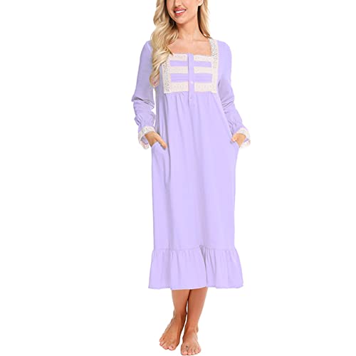 aromm Damen Weich Nachthemd Knopfleiste Viktorianisch Lange Ärmel Stillen Pyjama Violett, XXL von aromm