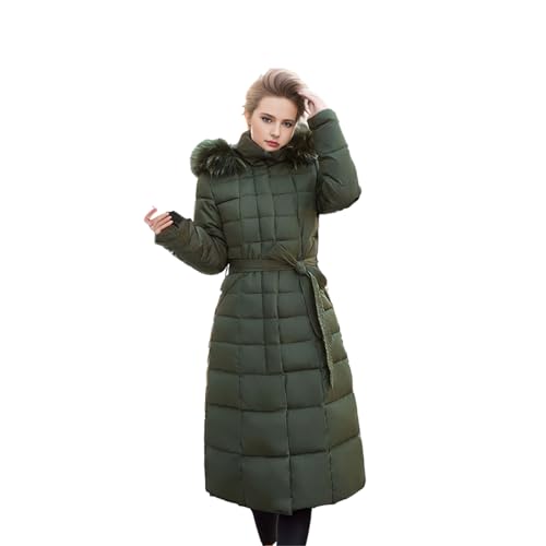 aromm Damen Wintermantel Maxi Länge warmer Steppmantel Grün mit Kunstpelz Kapuze, S von aromm