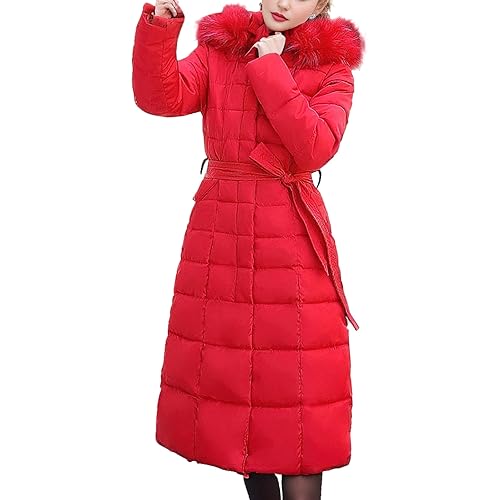 aromm Damen Wintermantel Maxi Länge warmer Steppmantel Rot mit Kunstpelz Kapuze, S von aromm