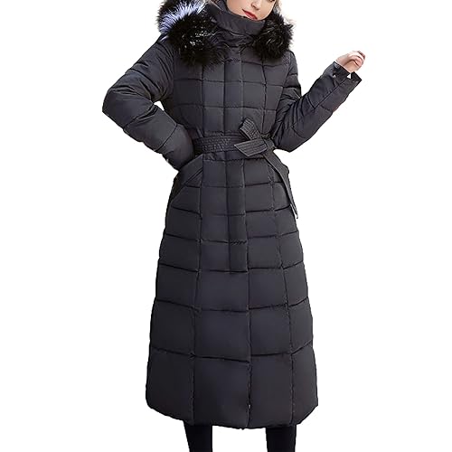 aromm Damen Wintermantel Maxi Länge warmer Steppmantel Schwarz mit Kunstpelz Kapuze, L von aromm