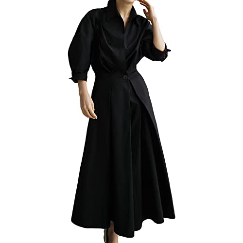 aromm Frauen Hemd Lang Kleid Elastische Taille Lose Maxi A Linie Lässig Kleider Schwarz, 4XL von aromm