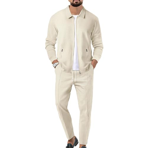 aromm Herren Waffel-Trainingsanzüge Langarm Voll Reißverschluss Jacke & Hose 2-teiliges Set Beige für Lässig Sport Arbeit, M von aromm