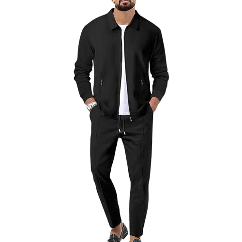 aromm Herren Waffel-Trainingsanzüge Langarm Voll Reißverschluss Jacke & Hose 2-teiliges Set Schwarz für Lässig Sport Arbeit, M von aromm