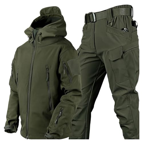 aromm Herren Weiche Shell Kapuze Taktische Jacke & Hosen Anzüge für Outdoor-Angeln Wandern Camping Grün, XXL von aromm