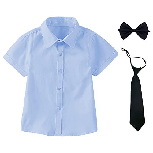 aromm Jungen Kleid Hemd mit Fliege und Krawatte Kurzarm Solide Knopf unten Oxford Shirt Blau,6-7 Jahre von aromm