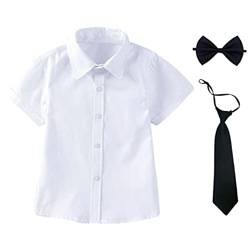 aromm Jungen Kleid Hemd mit Fliege und Krawatte Kurzarm Solide Knopf unten Oxford Shirt Weiß,15-16 Jahre von aromm