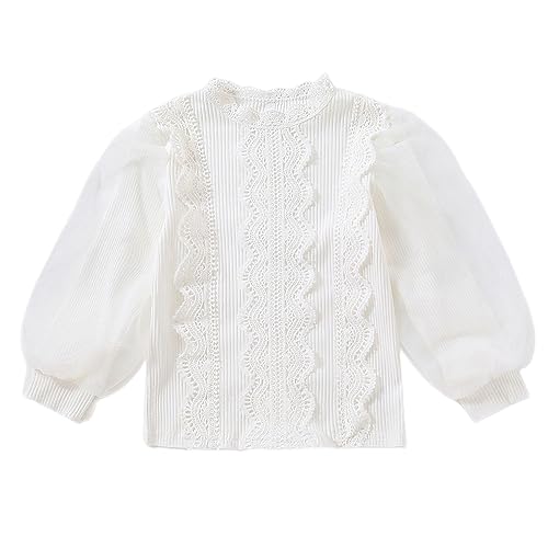 aromm Kleine Große Mädchen Spitze Langarm T Shirts Stricken Puff Tops Bluse Weiß 9, 160 von aromm