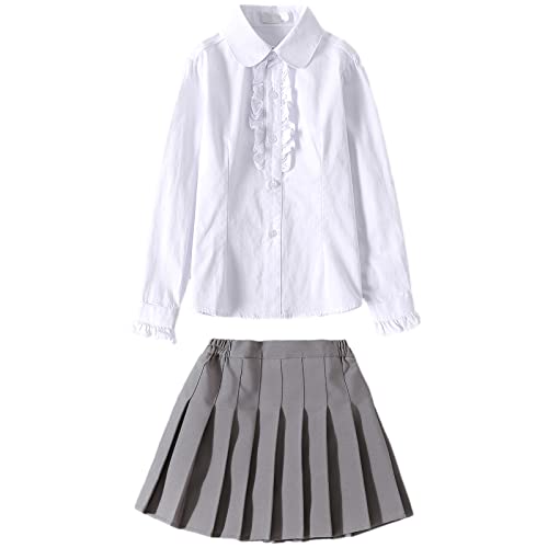 aromm Mädchen Uniform Outfit Weiße Bluse Lange Ärmel Knopf unten Hemden Oberteile und Faltenrock, Weiße Rüschen-Grauer Rock,11-12 Jahre von aromm