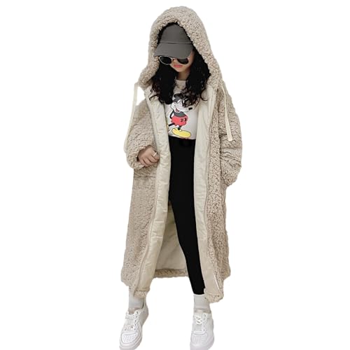 aromm Mädchen Voll Reißverschluss Sherpa Fleece Langer Mantel mit Kapuze Langarm Lässig Winter Warm Oberbekleidung Jacke Beige, 110 von aromm
