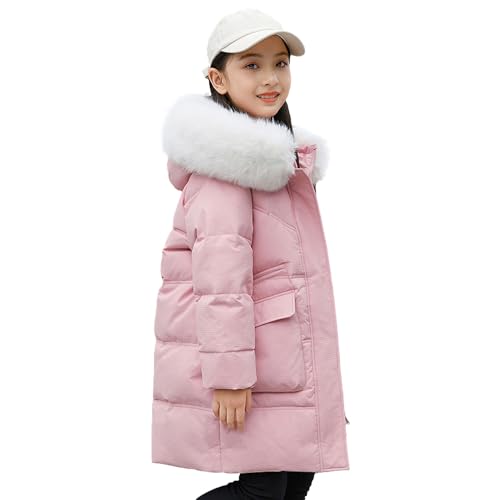 aromm Mädchen Winter Daunenmantel Pelz Kapuze Mittellang Warme Puffer Jacke Oberbekleidung Rosa, 130 von aromm