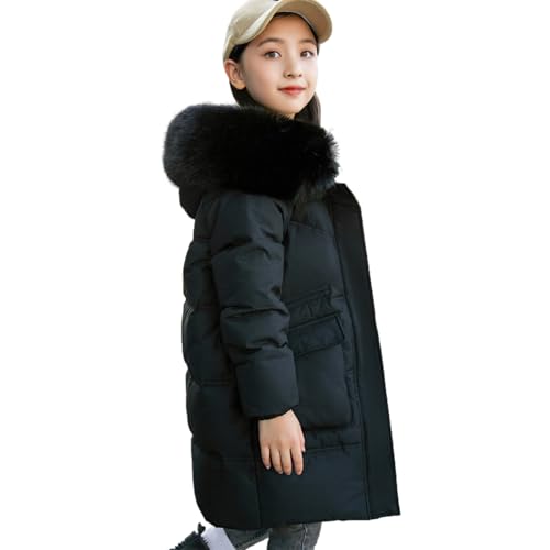 aromm Mädchen Winter Daunenmantel Pelz Kapuze Mittellang Warme Puffer Jacke Oberbekleidung Schwarz, 150 von aromm