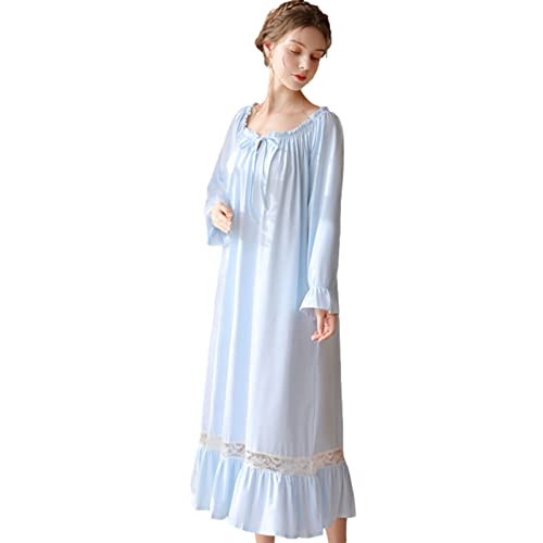 aromm Voller Länge Victorian Nachthemd für Damen Baumwolle Lange Ärmel Stretch Schlafanzug Blau Mit Spitze Dekor, L von aromm