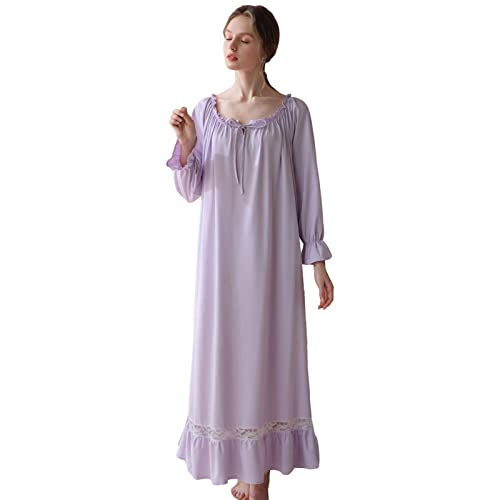 aromm Voller Länge Victorian Nachthemd für Damen Baumwolle Lange Ärmel Stretch Schlafanzug Lila Mit Spitze Dekor, M von aromm