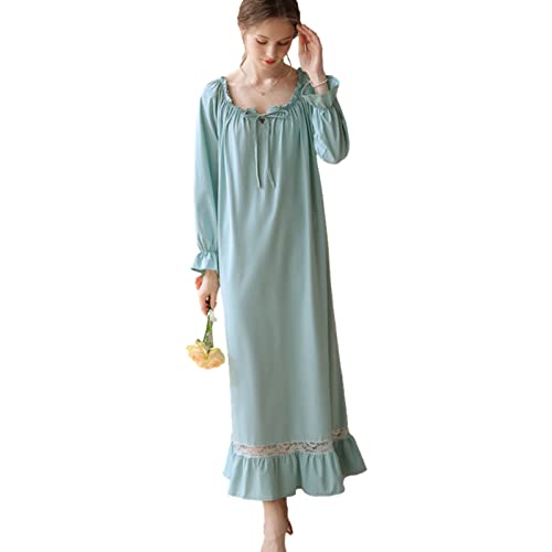 aromm Voller Länge Victorian Nachthemd für Damen Baumwolle Lange Ärmel Stretch Schlafanzug Pfauenblau Mit Spitze Dekor, M von aromm