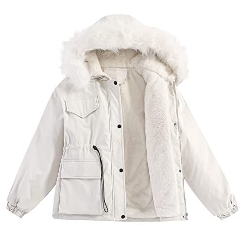 aromm Wintermantel Damen Mittellang Warm Gefüttert Winter Parka Jacke mit Fellkapuze Beige, XL von aromm