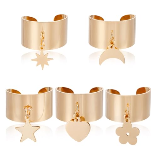 arricraft 5 Stück 5 verstellbare Anhängerringe Aus Goldfarbenem Edelstahl Herz Blumen Stern Anhänger Damenringe Mit Offenem Ende Für Damen Alltags Party Schmuck Dekorationszubehör von arricraft