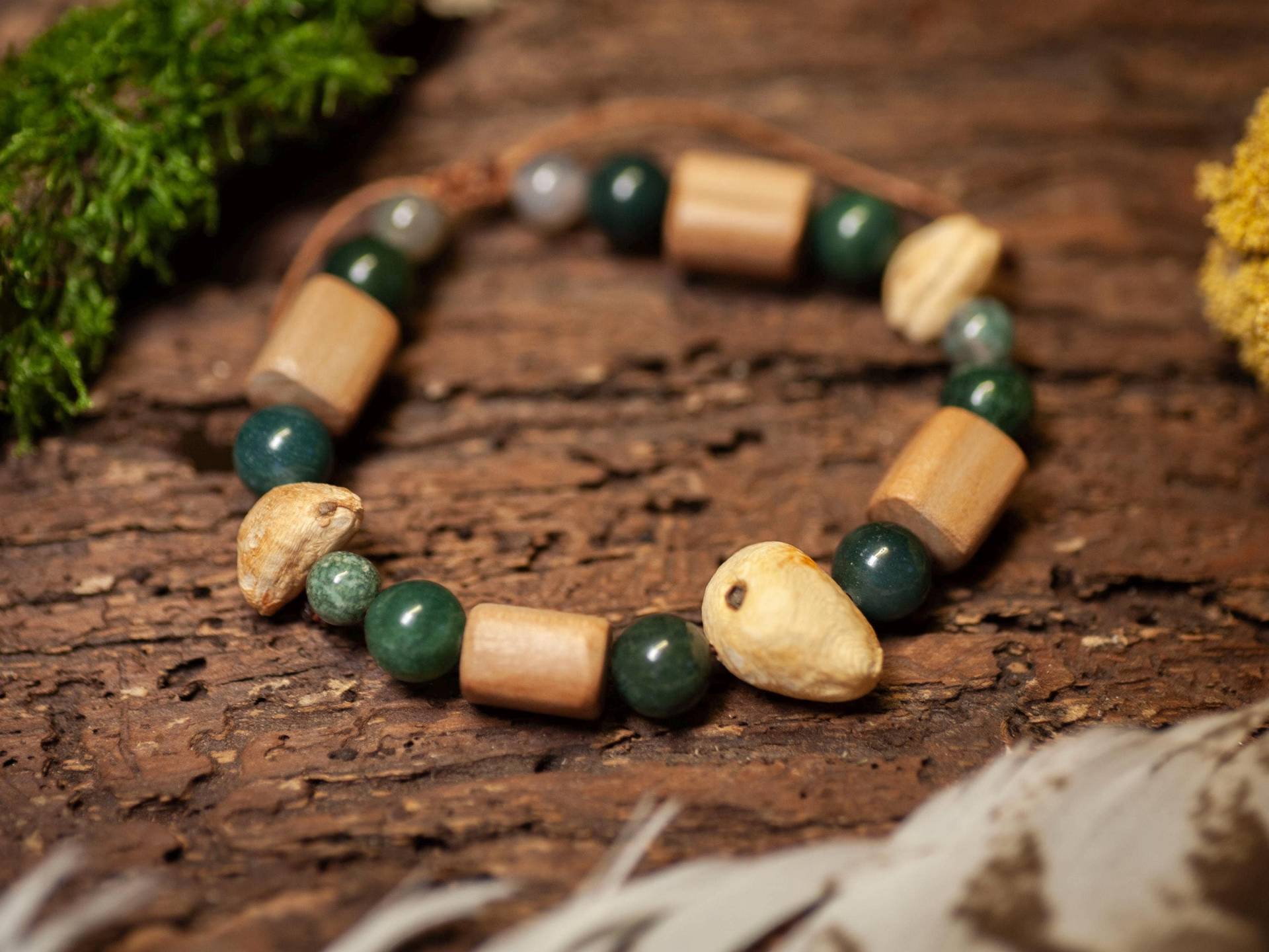 Waldjuwelen Armband - Baumperlen & Apfelbaumholz Verstellbar Moosachat Naturschmuck Unikat Hexenei Waldliebe Glücksbringer von artHawkNatureDesign