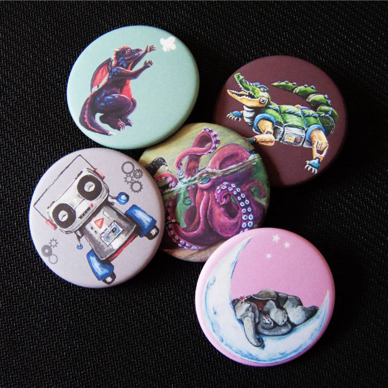 Pin Zurück Tasten Rund 1, 75" Süßen Spaß Tier Oder Roboter Kunst, Rucksack Stift, Gastgeschenke, Geschenk von artJMOB