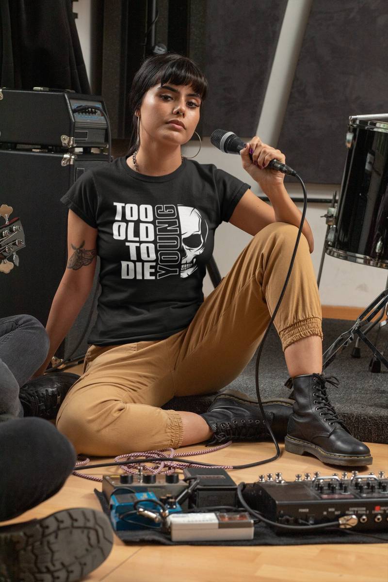 Damen T-Shirt Too Old To Die Young Totenkopf Rock Rocker von artSHIRT24