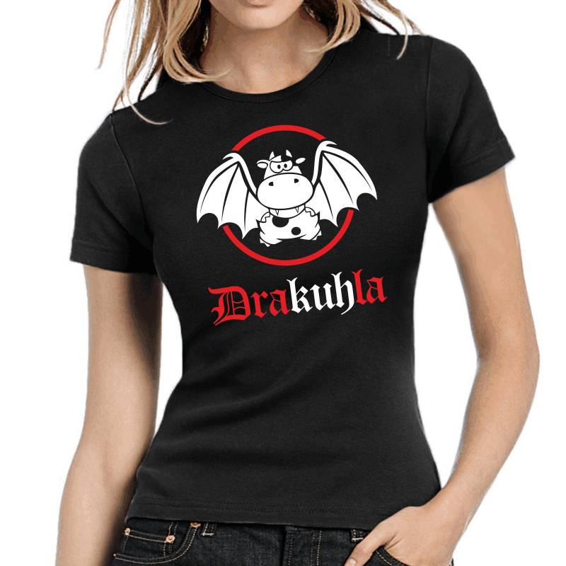 Drakuhla Dracula Vampir Kuh Cow Comic Mascot Maskotchen Sprüche Spruch Comedy Spaß Lustig Party Urlaub Arbeit Girlie Damen Lady T-Shirt von artSHIRT24