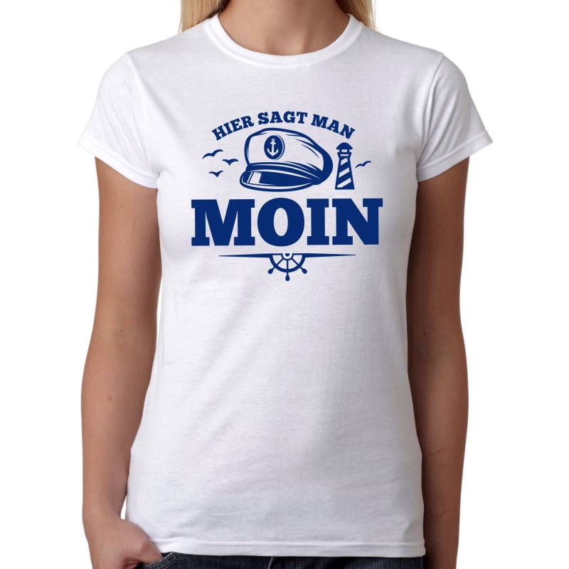 Hier Sagt Man Moin Leuchtturm Maritim Nautical Ostsee Ostfriesland Hamburg Sylt Rostock Meer Urlaub Strand Möwen Girlie Damen Lady T-Shirt von artSHIRT24