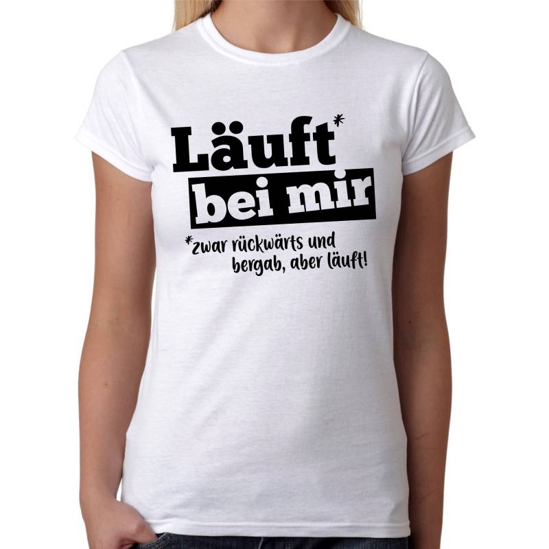 Läuft Bei Mir - Zwar Rückwärts Und Bergab, Aber Läuft Spruch Sprüche Comedy Spaß Fun Lustig Humor Gag Witzig Geschenkidee Damen T-Shirt von artSHIRT24