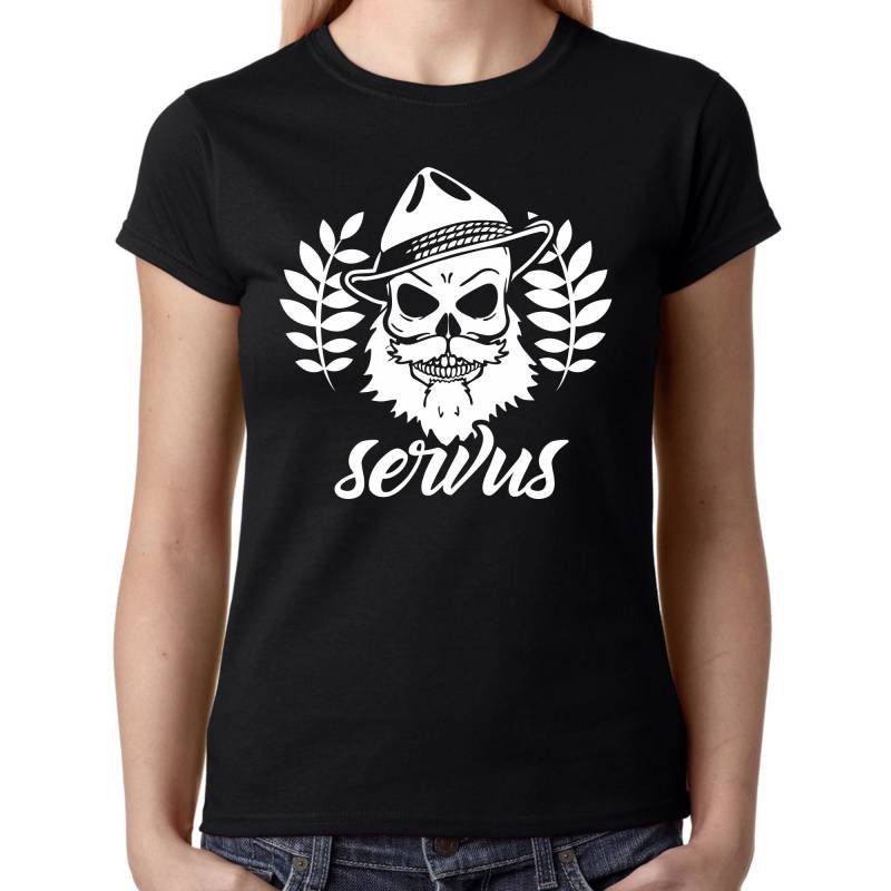 Servus Bayern Totenkopf Wiesn Oktoberfest Filzhut Skull Bavarian Beard Bart Party Comedy Lustig Spaß Hipster Fun Girlie Damen Lady T-Shirt von artSHIRT24