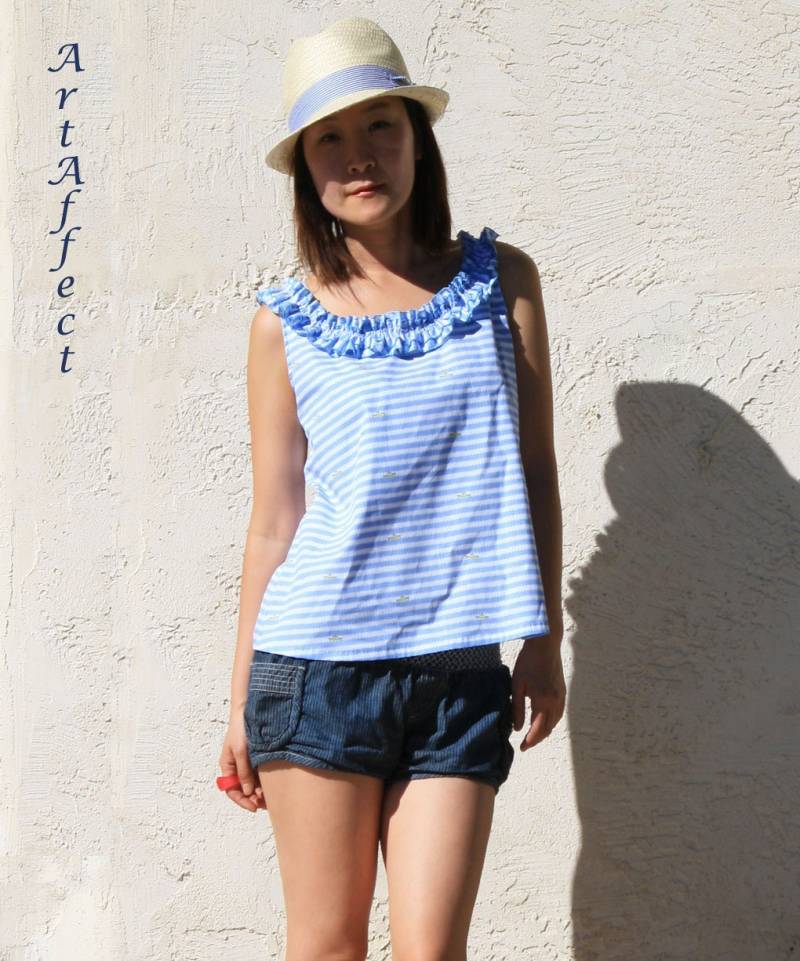 Rüschenhals Baumwolle Bluse Blau & Weiß Gestreiftes Ärmelloses Top von artaffect