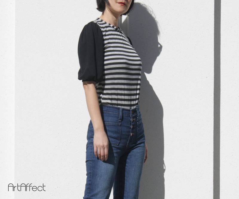 Gestreiftes Oberteil Mit Rundhalsausschnitt/Schwarz Und Graue Bluse T-Shirt Ballonärmel Sommeroberteil Gepufften Ärmeln Farbkontrast Jersey von artaffect