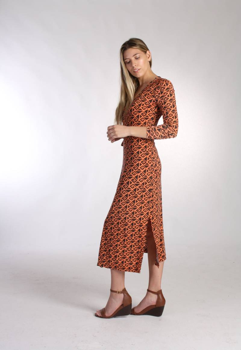 Orange Print Midi Wickelkleid Viskose Lycra Boho Robe von artaffect
