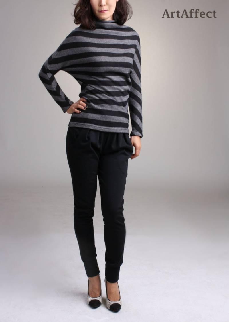 Sample Sale/Drapierter Streifen-Pullover, Oversized-Pullover, Weiter Pullover, Winter Top, Dolman-Pullover, Funnel-Neck-Pullover, Kokon-Pullover von artaffect