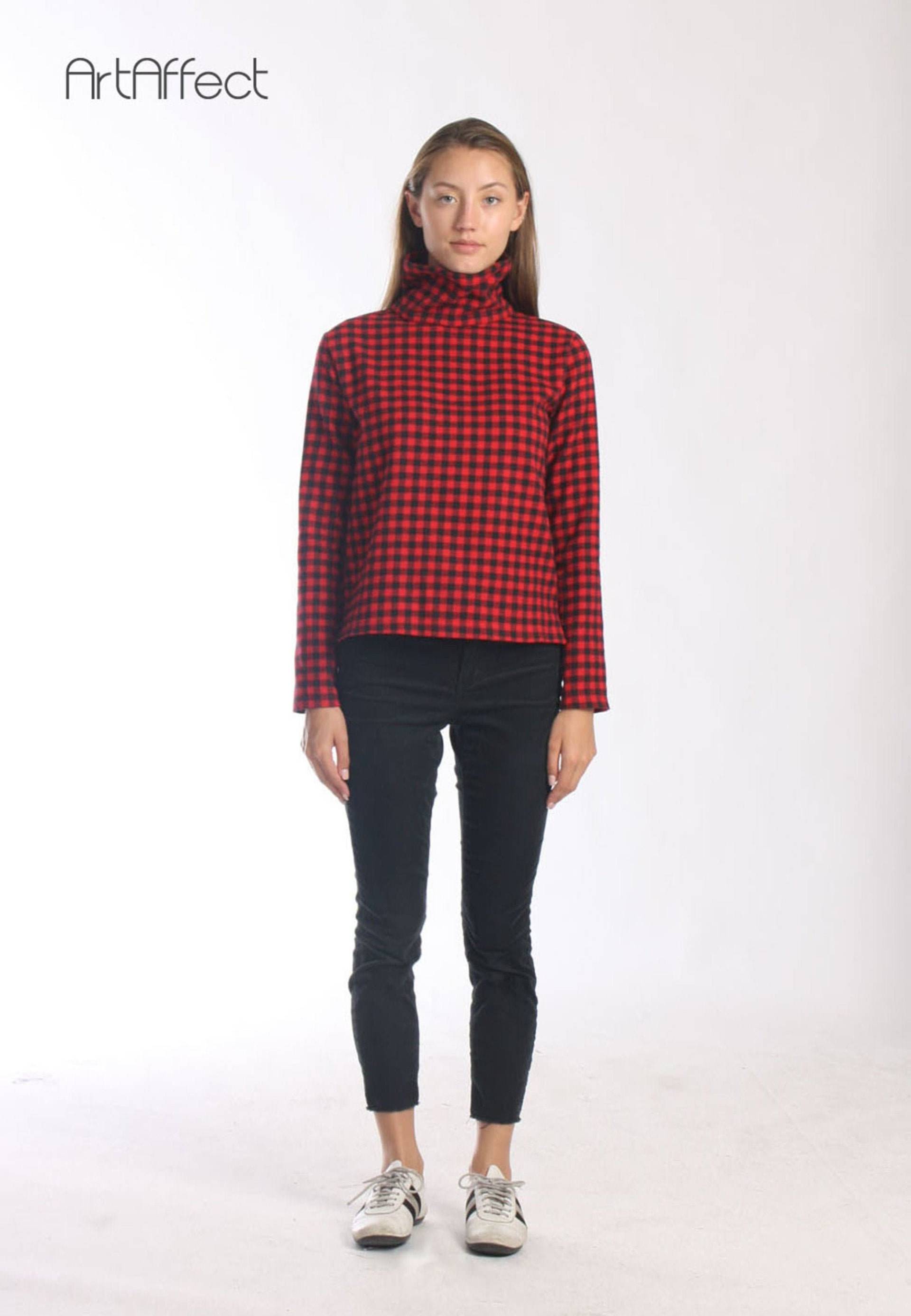 Trichterkragenpullover Mit Seitenschlitz, Karierter Winterpullover, Rotes Kariertes Büffelhemd, Rollkragenpullover, Geschenk Für Schwester von artaffect