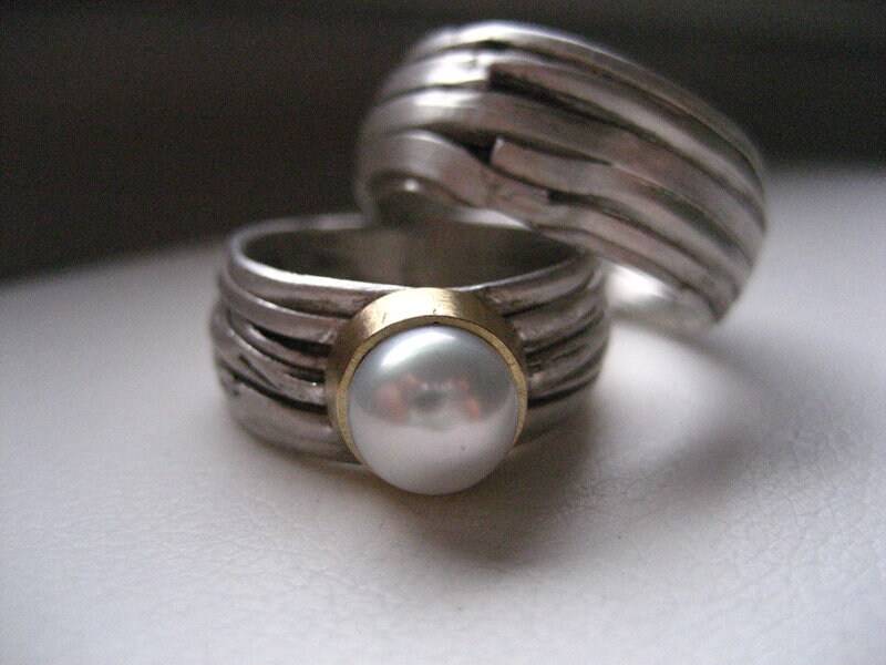 Ausgefallen Trauringe Mit Perle Bicolor Wickelringe Silber Gold Ehering Süsswasserperle Einzelring Oder Set von artargentum