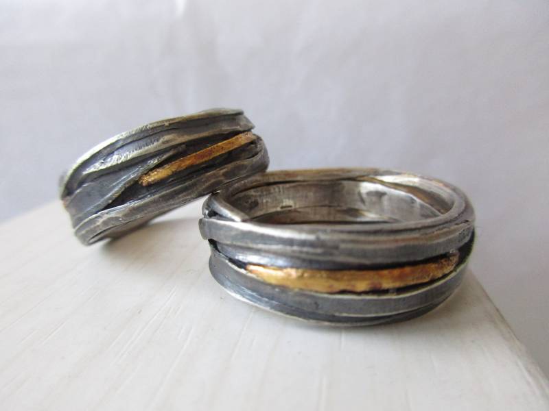 Handgemachte Ausgefallene Eheringe Silber Gold Geschwärzt Oder Hell Wickelringe Bicolor Boho Unikat von artargentum