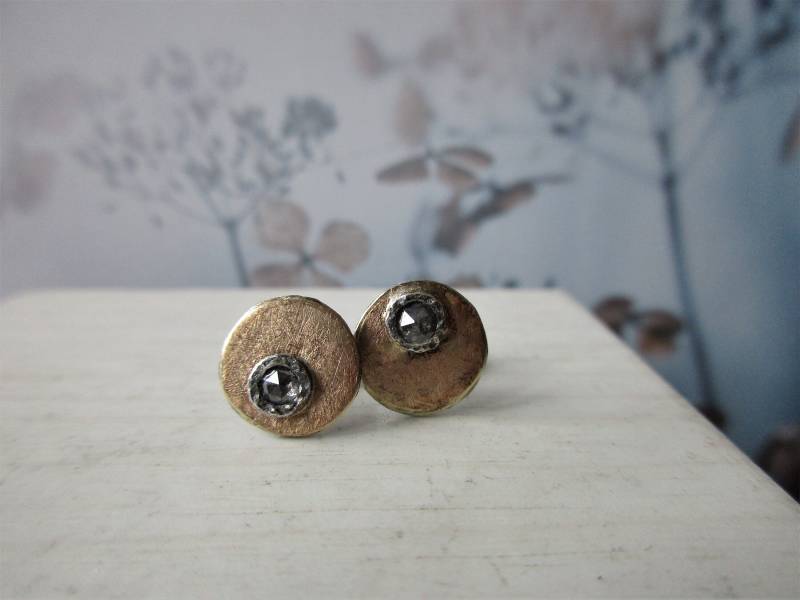 Kleine Runde Ohrstecker Roségold Silber Diamant Grau von artargentum