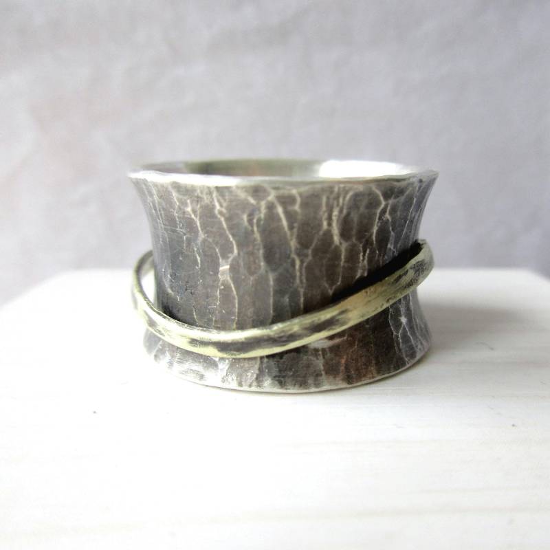 Sehr Breiter Geschmiedeter Ring Konkav Sterling Silber Gold Bicolor Spinnerring Drehring Wellenring Mittelfingerring von artargentum