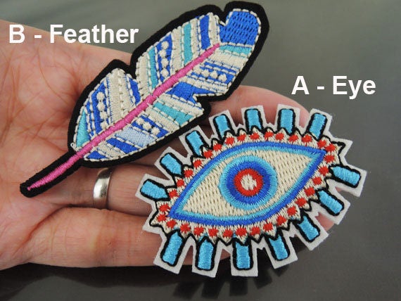 Bügelbild - Blau Großes Auge Patch Feder Patches Aufnäher Applikation Gestickt Nähen von artcraft32
