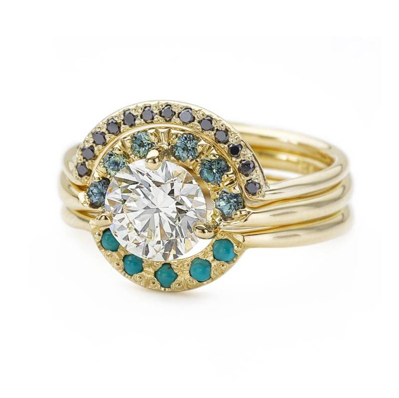 18K Gold Diamant Ehering Set Petrol Saphir & Türkis Nesting Rings von artemer