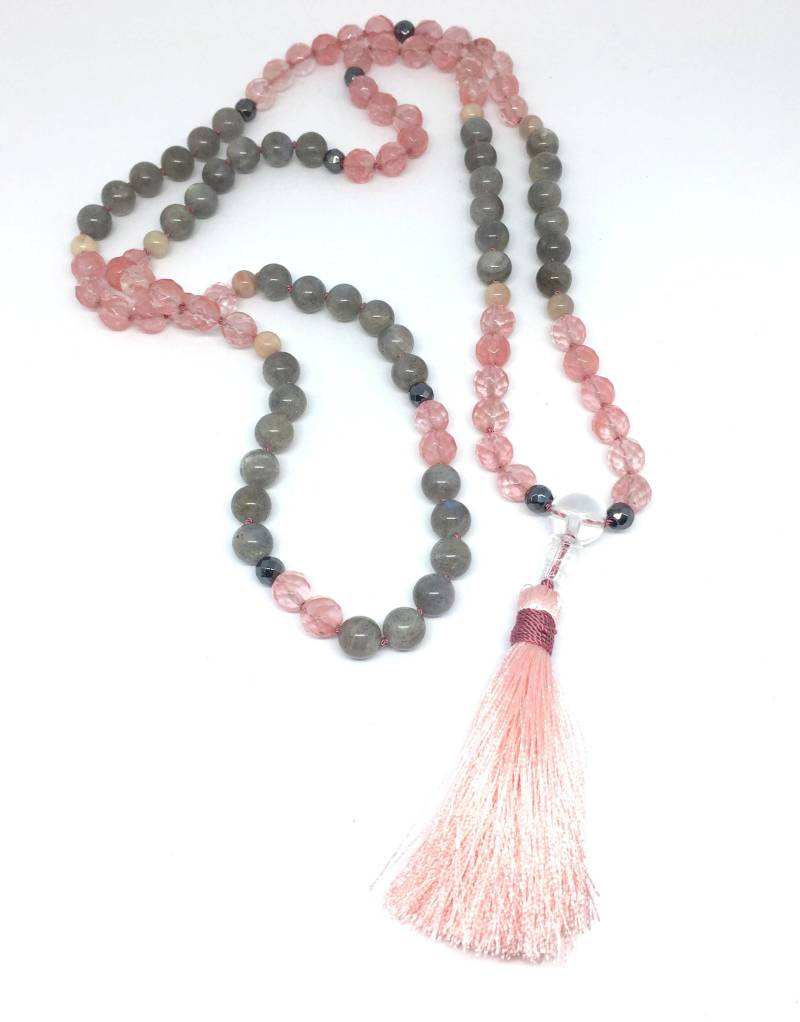 Vertrauen & Innere Stärke Mala, Turmalinquarz - Labradorit Hämatit Mondstein 108 Perlen Handgeknüpft von artifybox