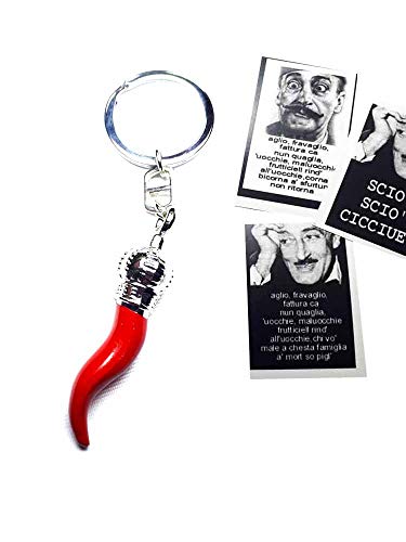 artigianale Handwerkskunst 2 Schlüsselanhänger mit 1 Horn 4 cm aus Metall und Emaille, 1 Karte Toto' Fortuna Frase in Sorpresa, gobbo Mano Horn Amuleto Horn Charms Lucky gobbo Napoli von artigianale