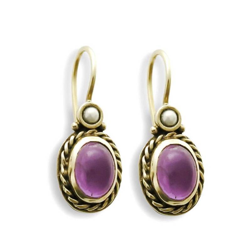 Gold Tropfen Ohrringe Mit Oval Amethyst Und Perle von artisaneffect