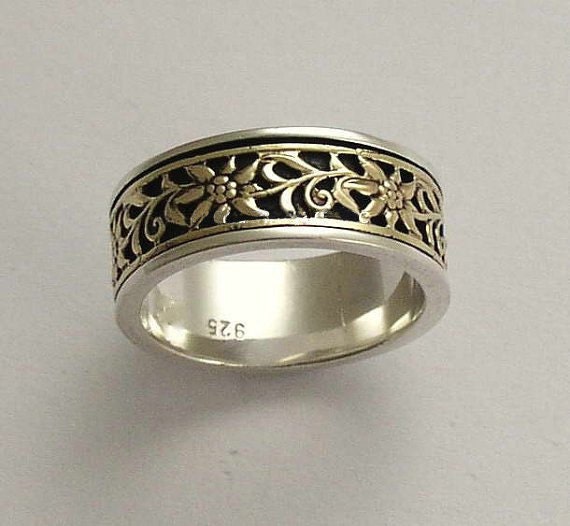 Hochzeit Band, Silber Gelb-Gold-Ring, Sterling Silberring, Blumenring, Wald Ring, Meditations Spinnerring - Mon Amour 2. R1151 von artisanlook